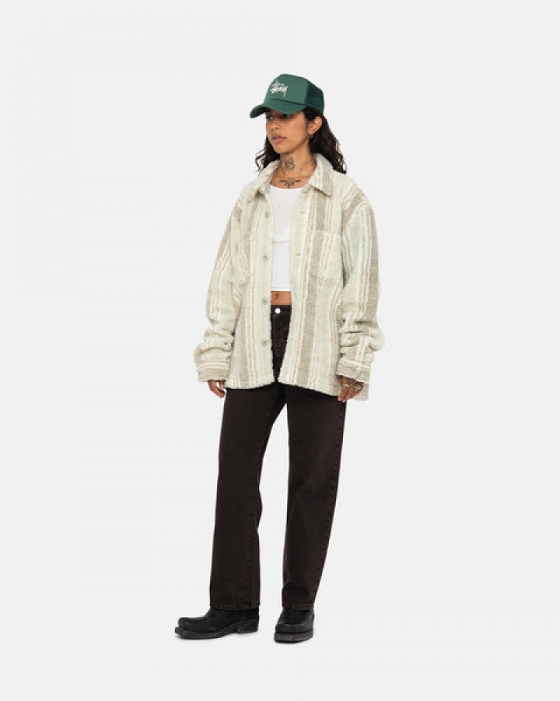 Stussy Gestreept Sherpa Shirt Overhemdjassen Dames Beige Nederland | FYI-5699